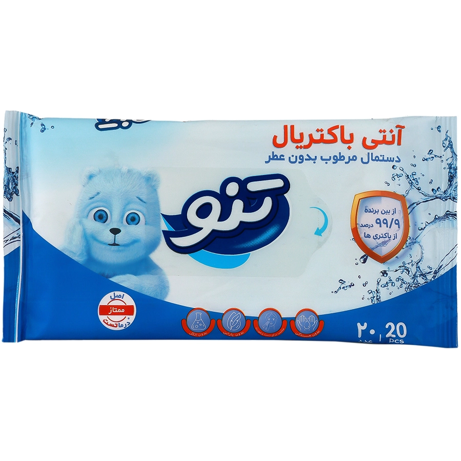 دستمال مرطوب بدون عطر آنتی باکتریال (20 عددی) تنو